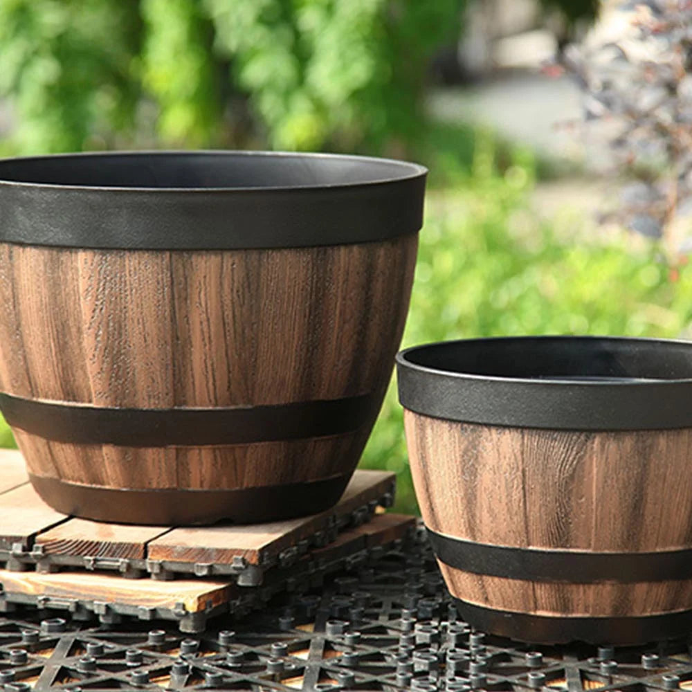Plant Pot | Barrel-Shaped Resin & Integrated Drainage Holes