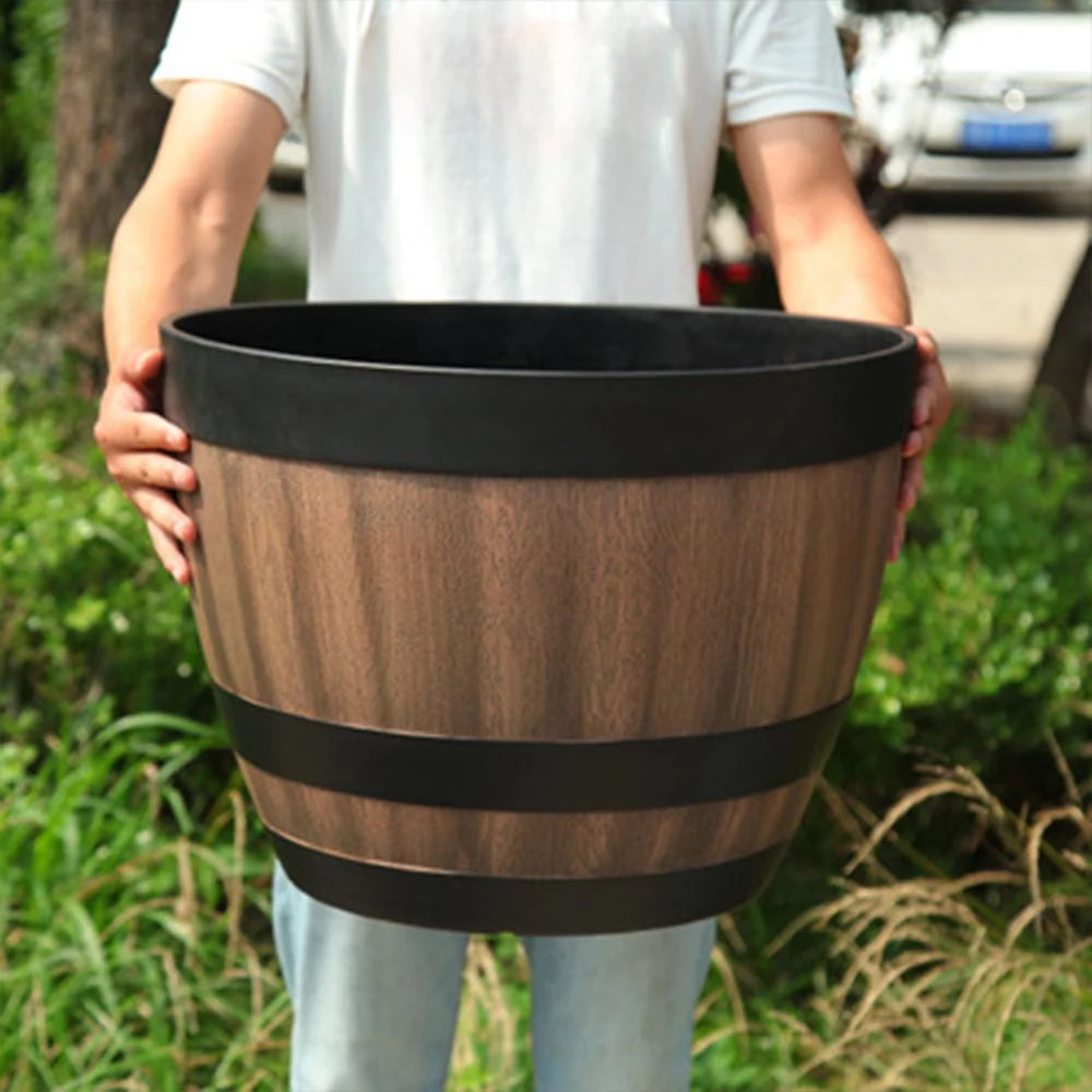Plant Pot | Barrel-Shaped Resin & Integrated Drainage Holes