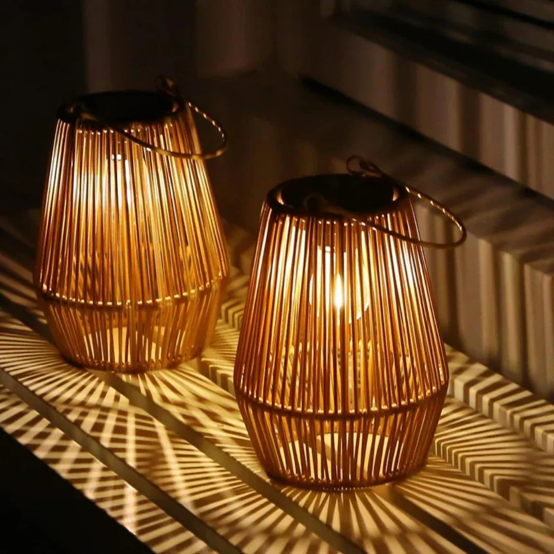 Solar Garden Lantern | Handwoven Rattan & Automatic Dusk Sensor