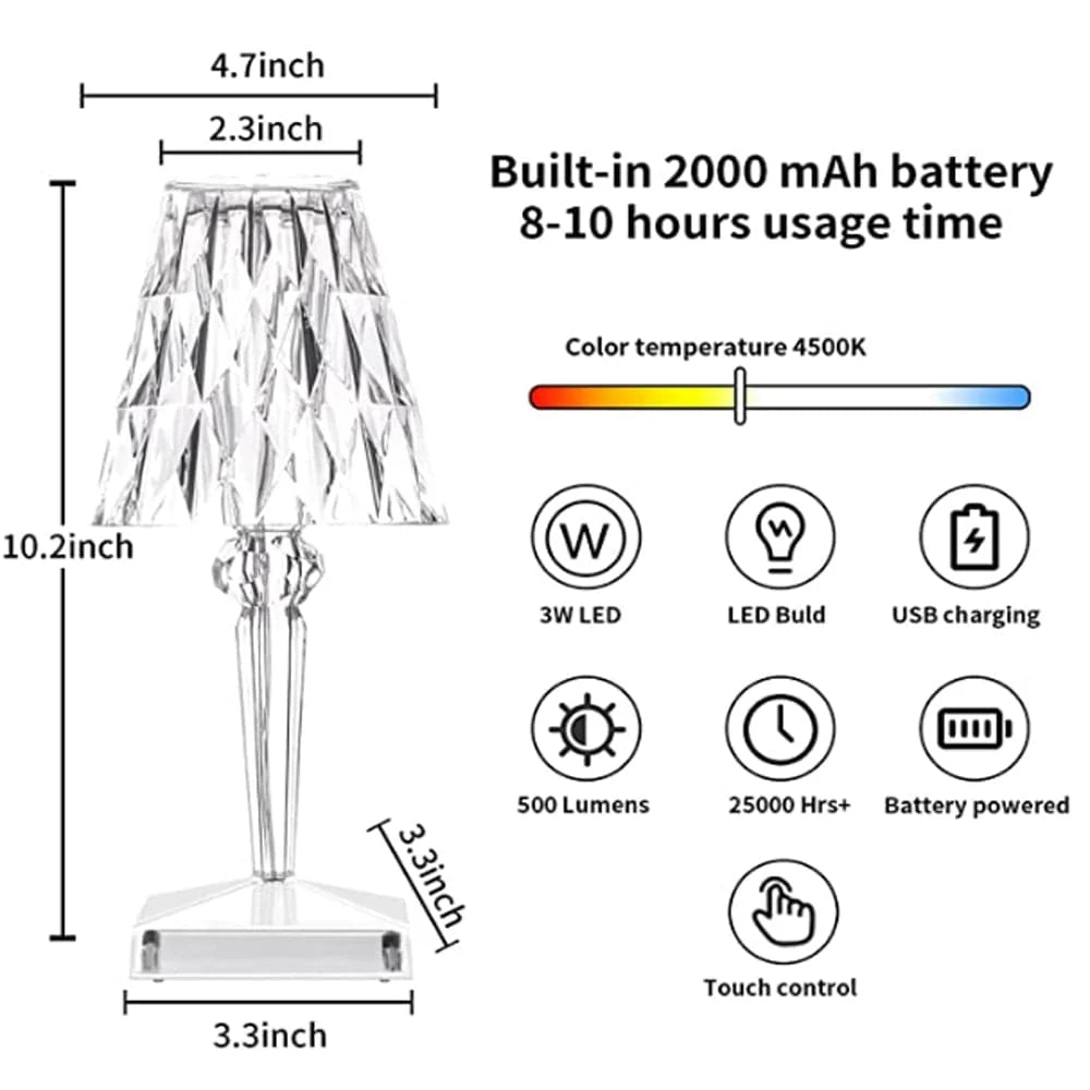 Table Lamp | Diamond Crystal LED & USB Rechargeable