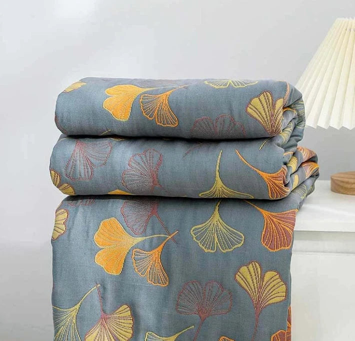 Throw Blanket | Reversible Ginkgo Leaf Pattern & Machine-Washable