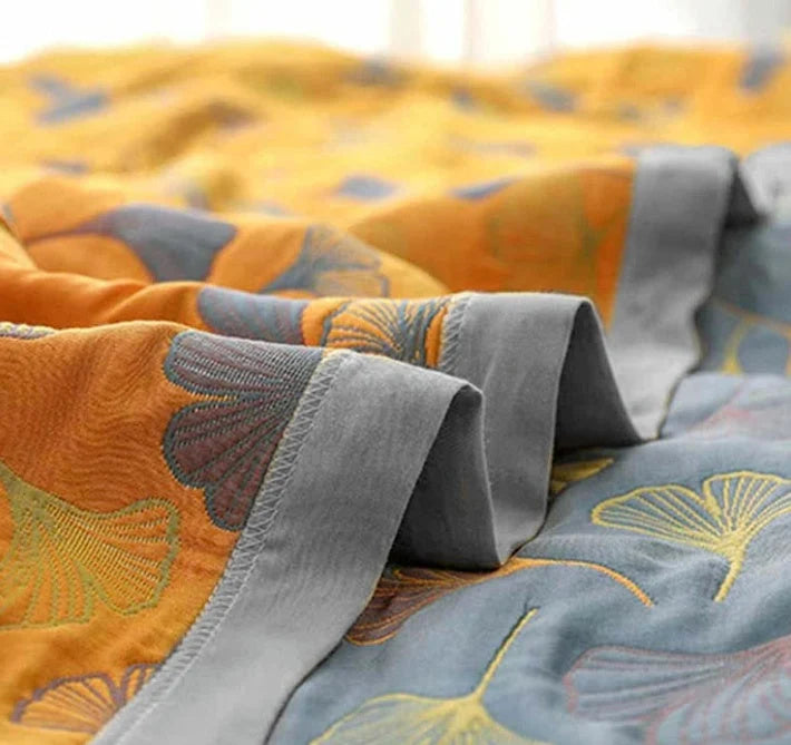 Throw Blanket | Reversible Ginkgo Leaf Pattern & Machine-Washable