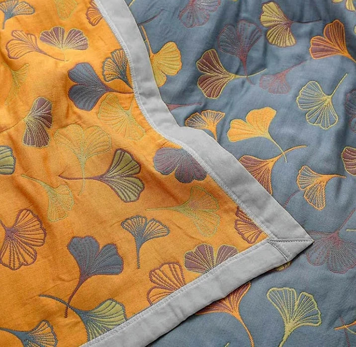 Throw Blanket | Reversible Ginkgo Leaf Pattern & Machine-Washable